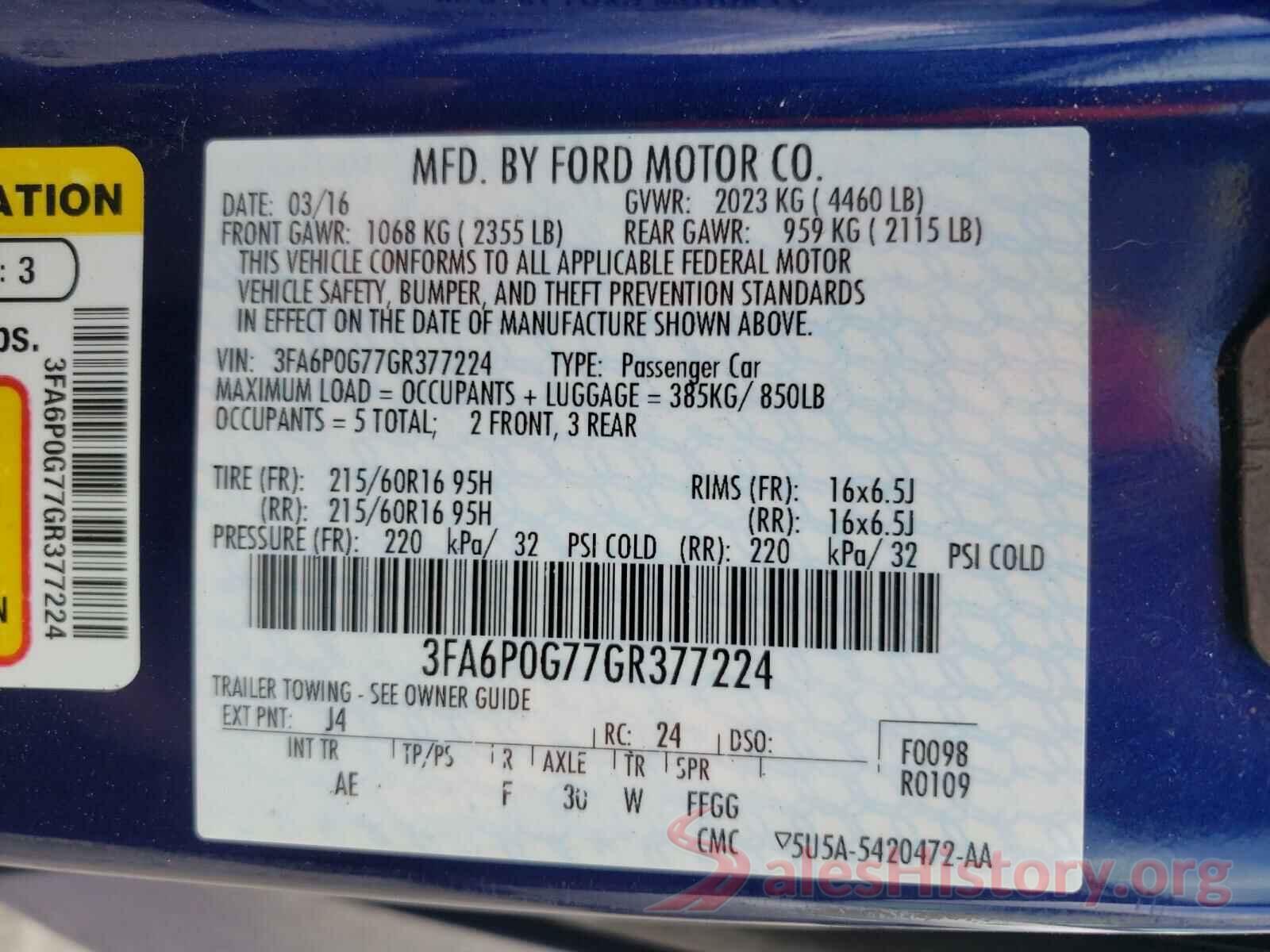 3FA6P0G77GR377224 2016 FORD FUSION