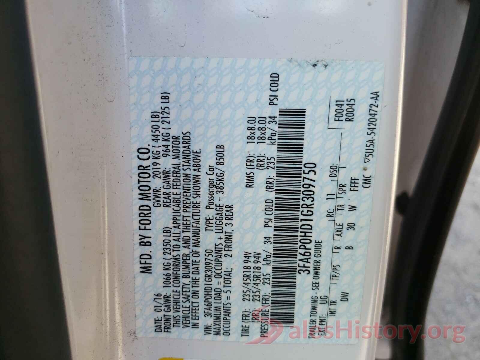 3FA6P0HD1GR309750 2016 FORD FUSION