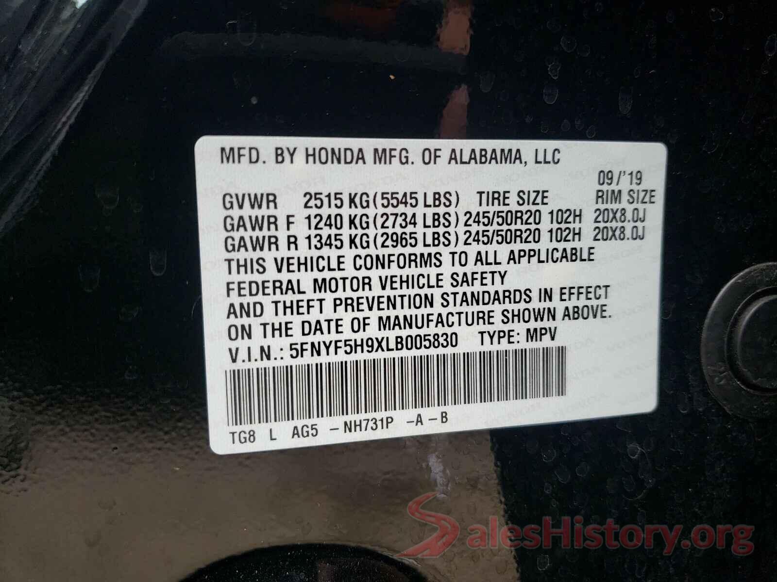 5FNYF5H9XLB005830 2020 HONDA PILOT