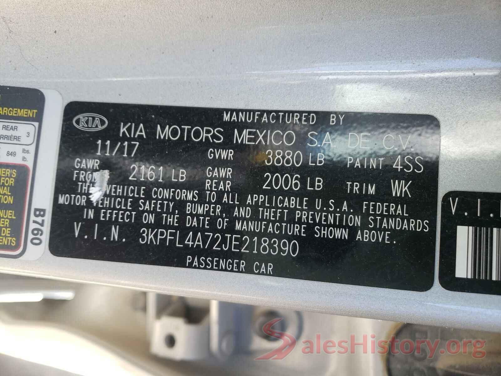 3KPFL4A72JE218390 2018 KIA FORTE