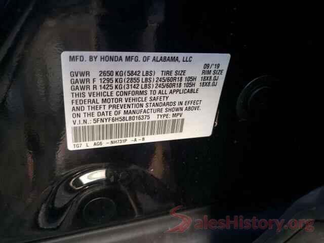 5FNYF6H58LB016375 2020 HONDA PILOT