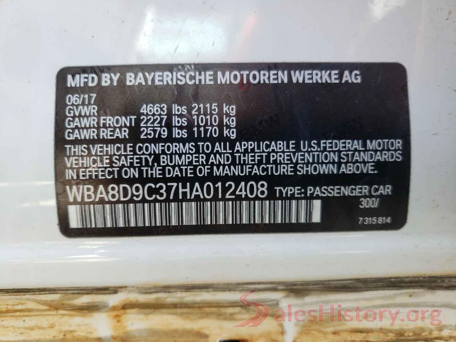 WBA8D9C37HA012408 2017 BMW 3 SERIES