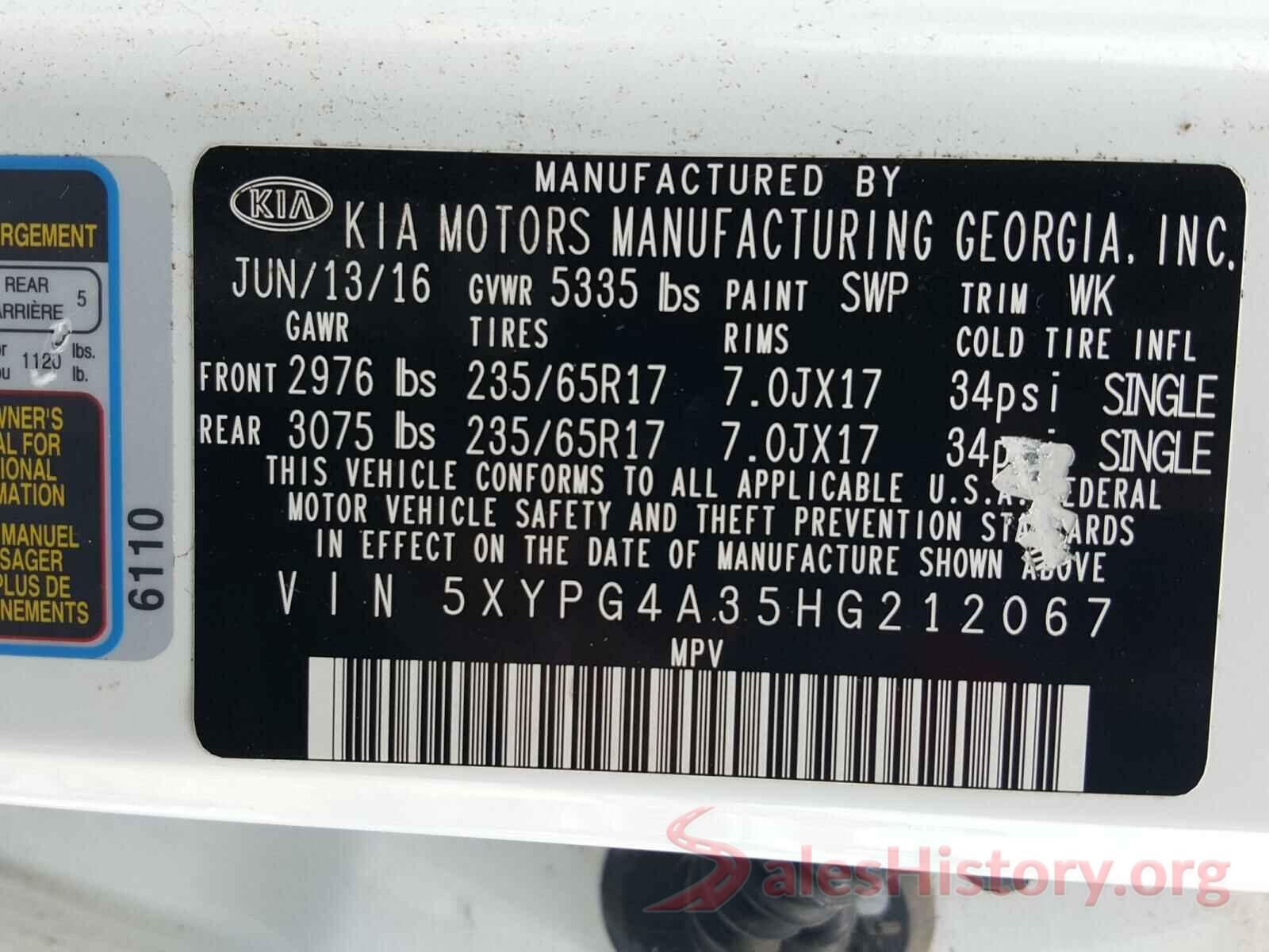 5XYPG4A35HG212067 2017 KIA SORENTO