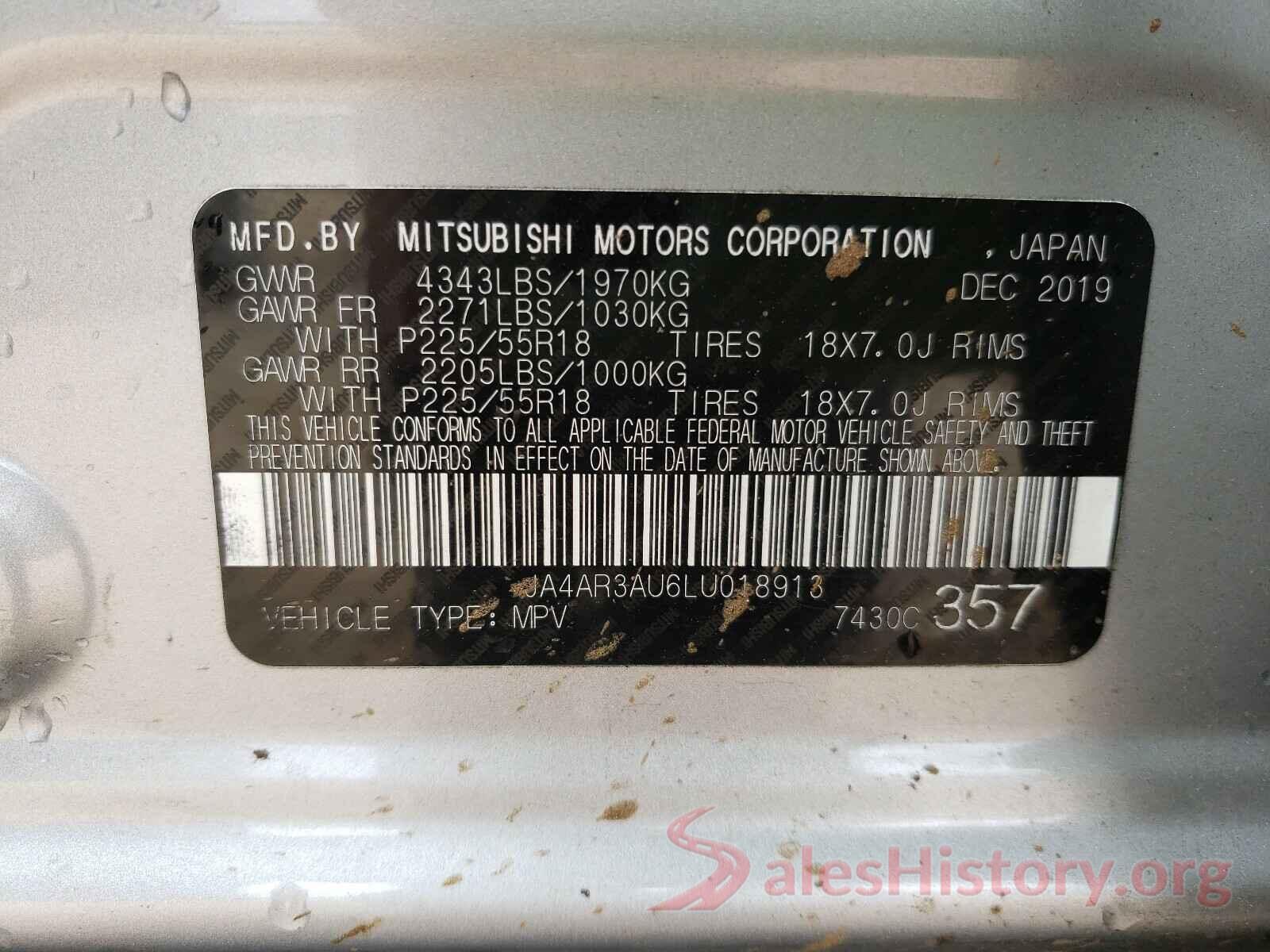 JA4AR3AU6LU018913 2020 MITSUBISHI OUTLANDER