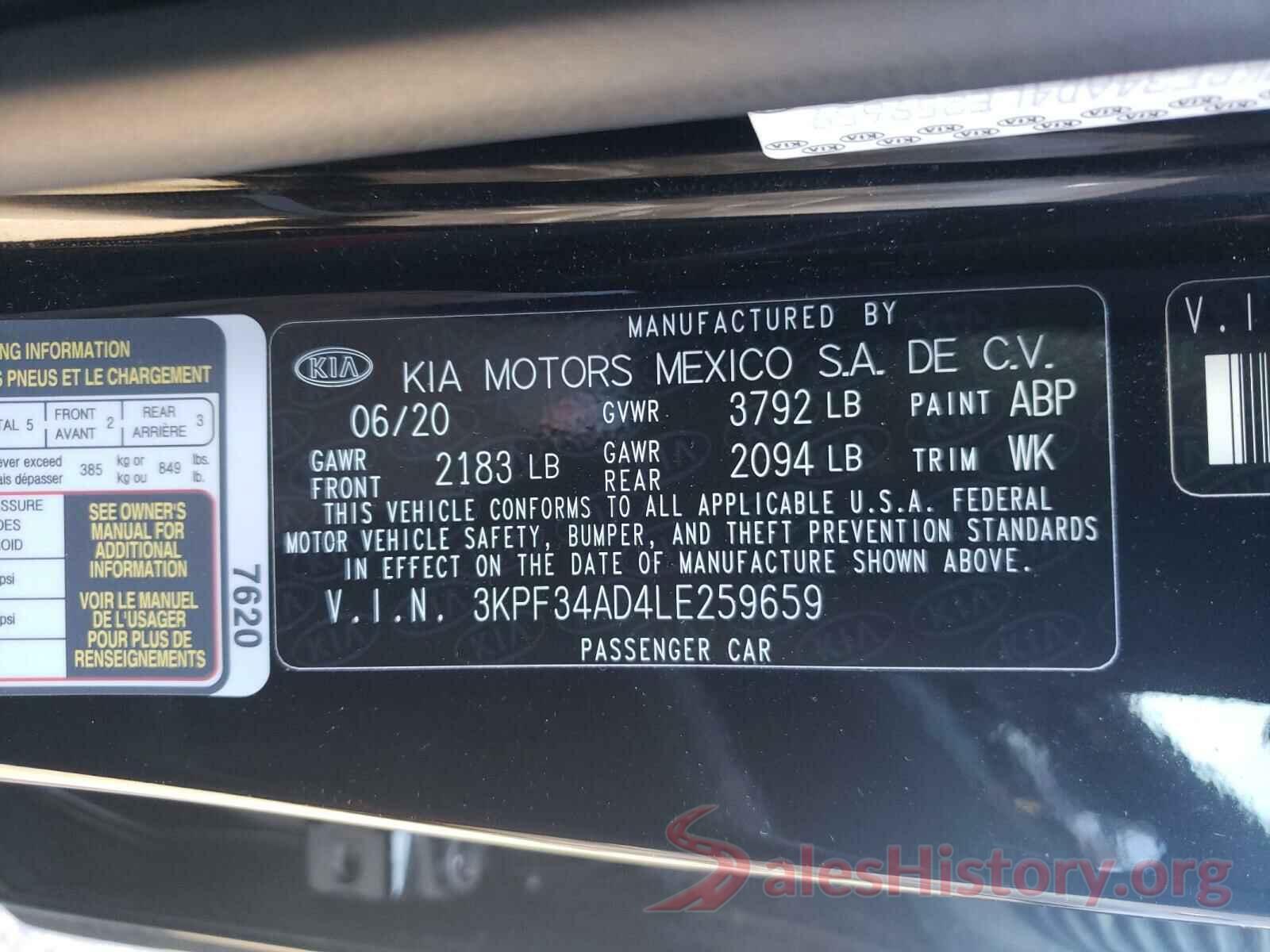 3KPF34AD4LE259659 2020 KIA FORTE