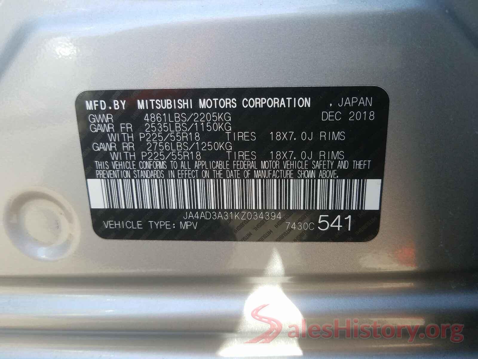 JA4AD3A31KZ034394 2019 MITSUBISHI OUTLANDER