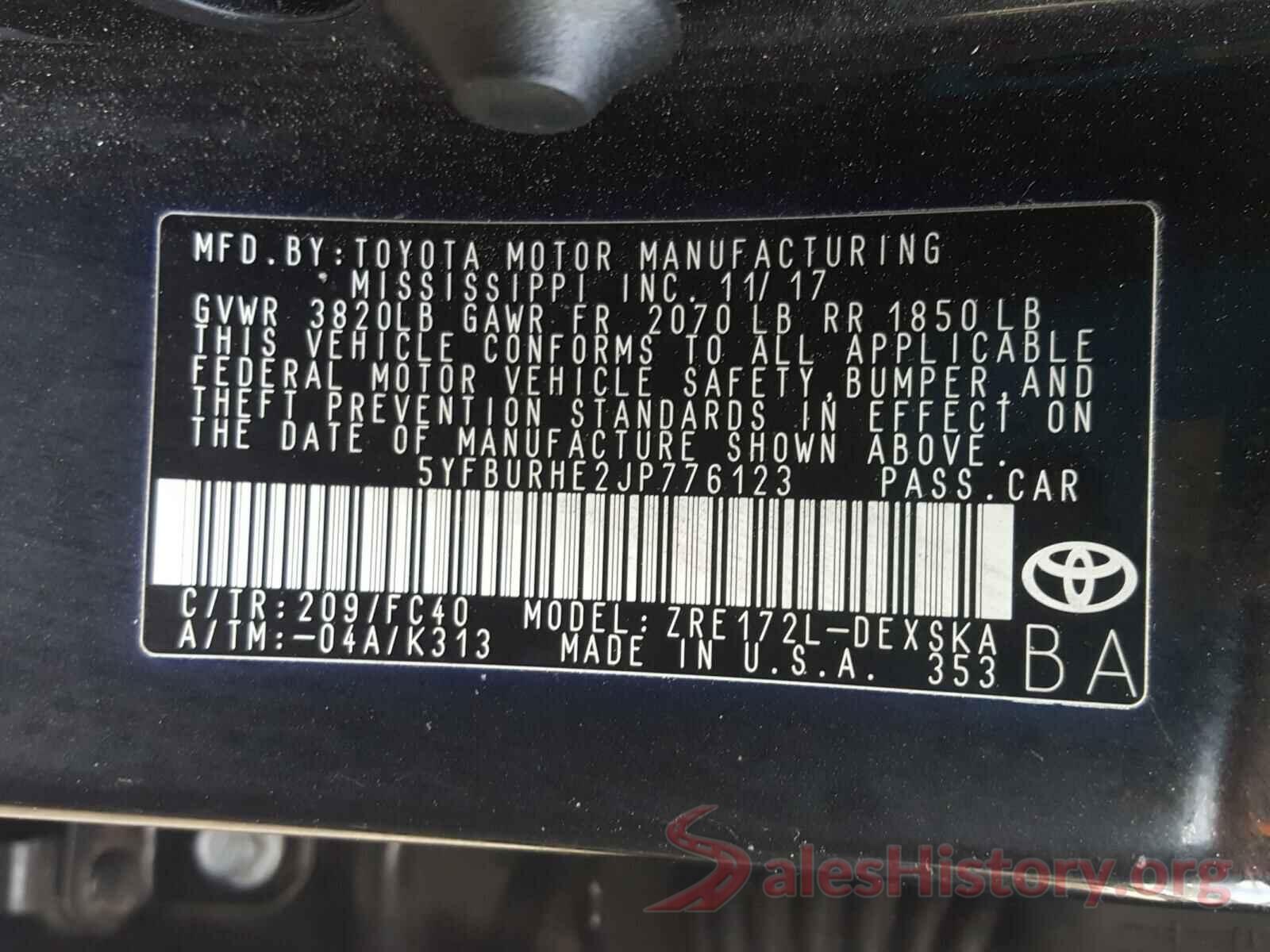 5YFBURHE2JP776123 2018 TOYOTA COROLLA