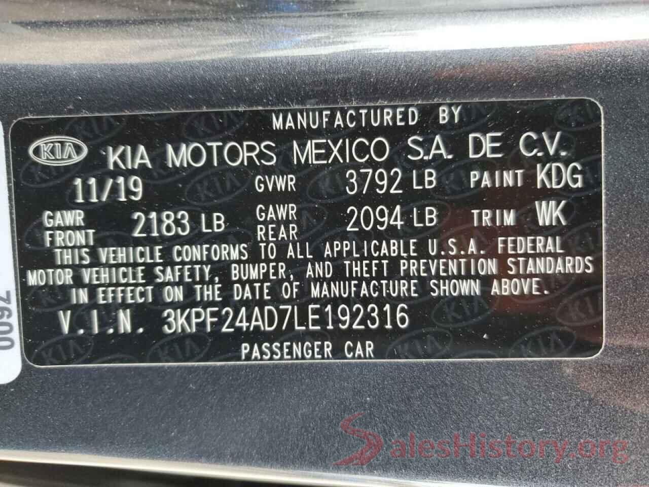 3KPF24AD7LE192316 2020 KIA FORTE