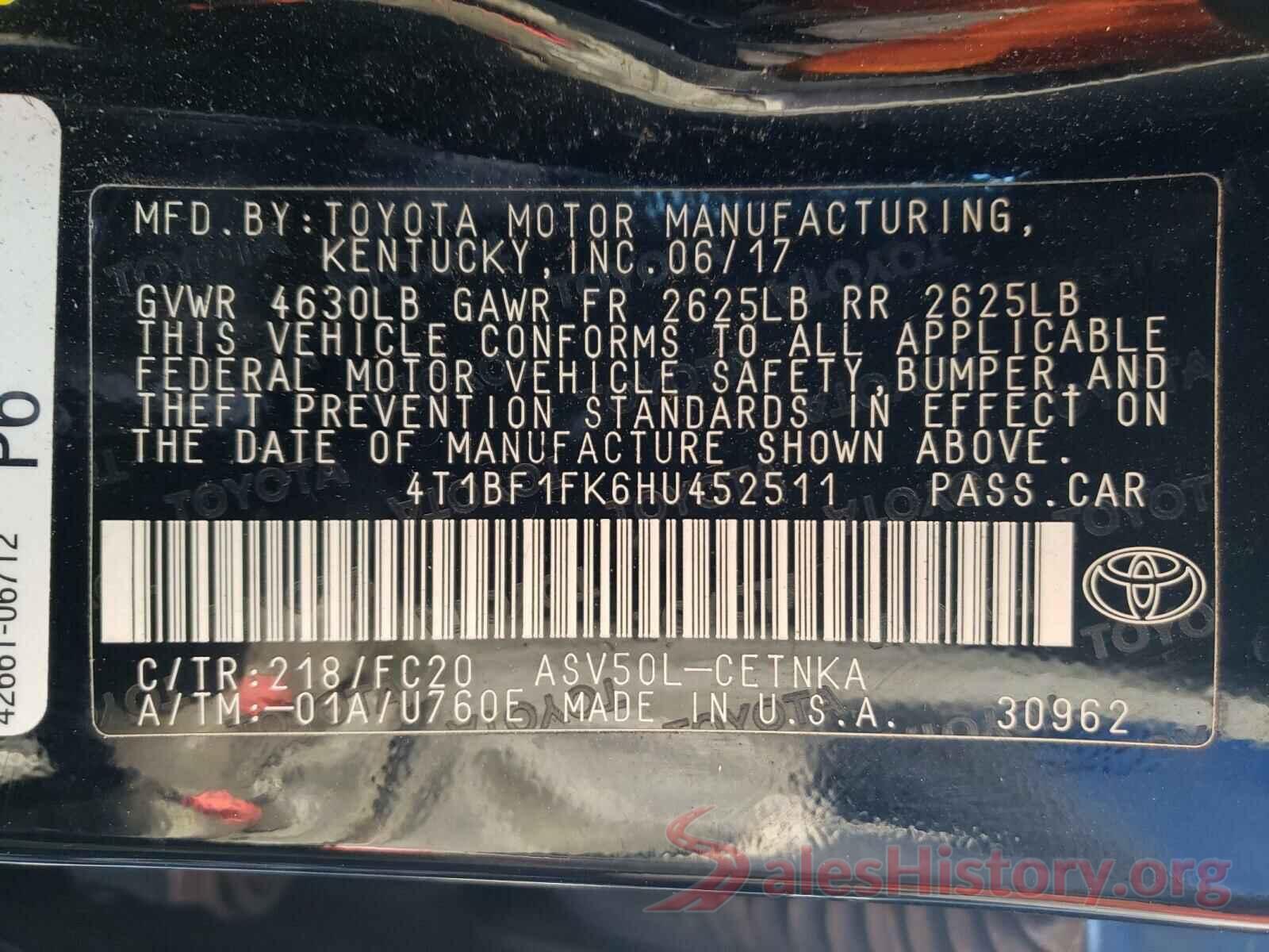 4T1BF1FK6HU452511 2017 TOYOTA CAMRY