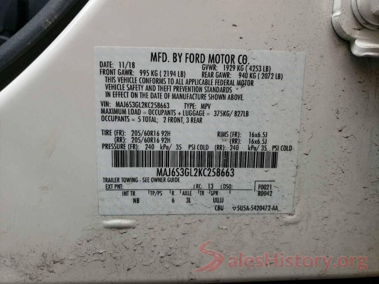 MAJ6S3GL2KC258663 2019 FORD ECOSPORT