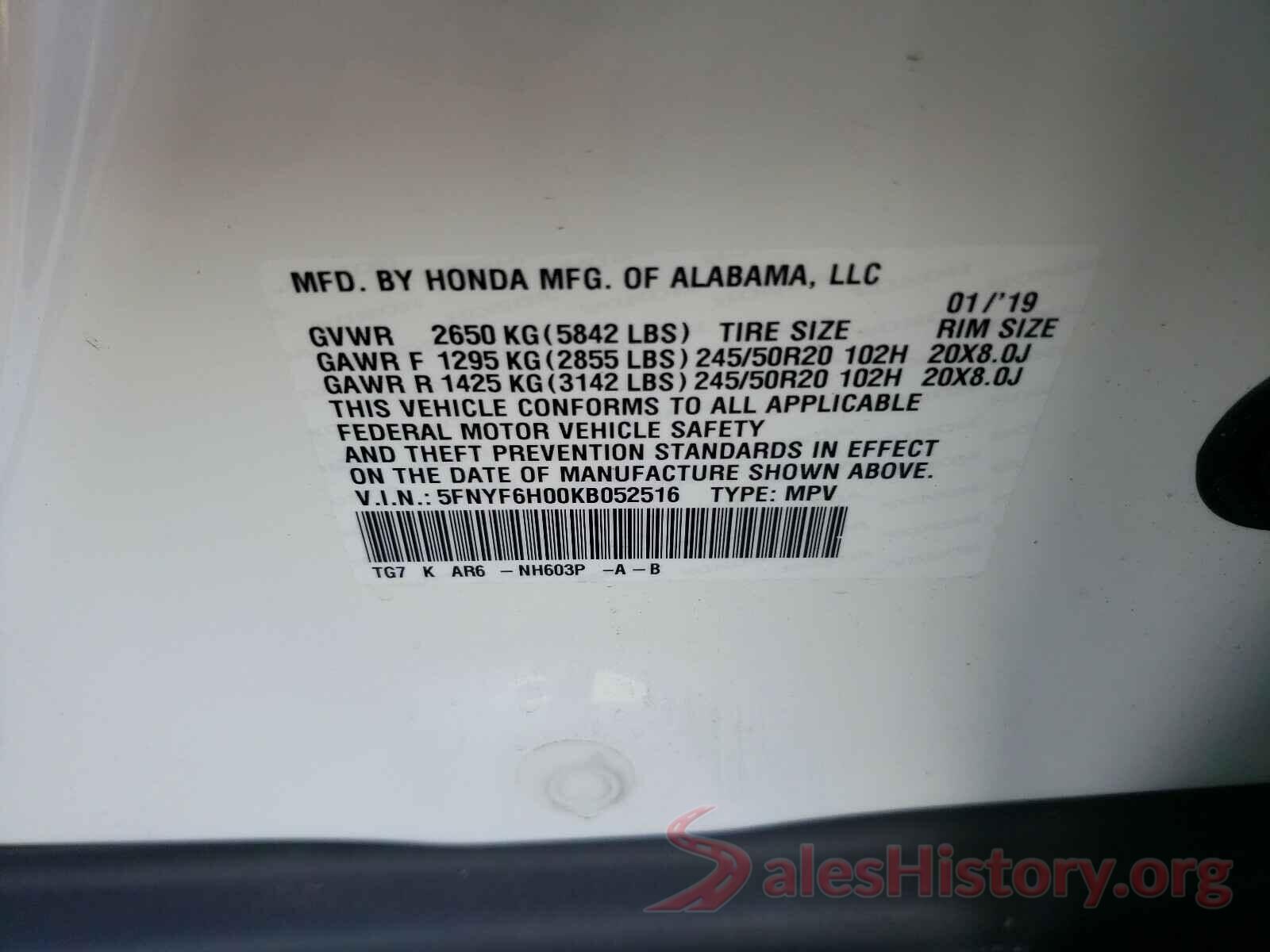 5FNYF6H00KB052516 2019 HONDA PILOT