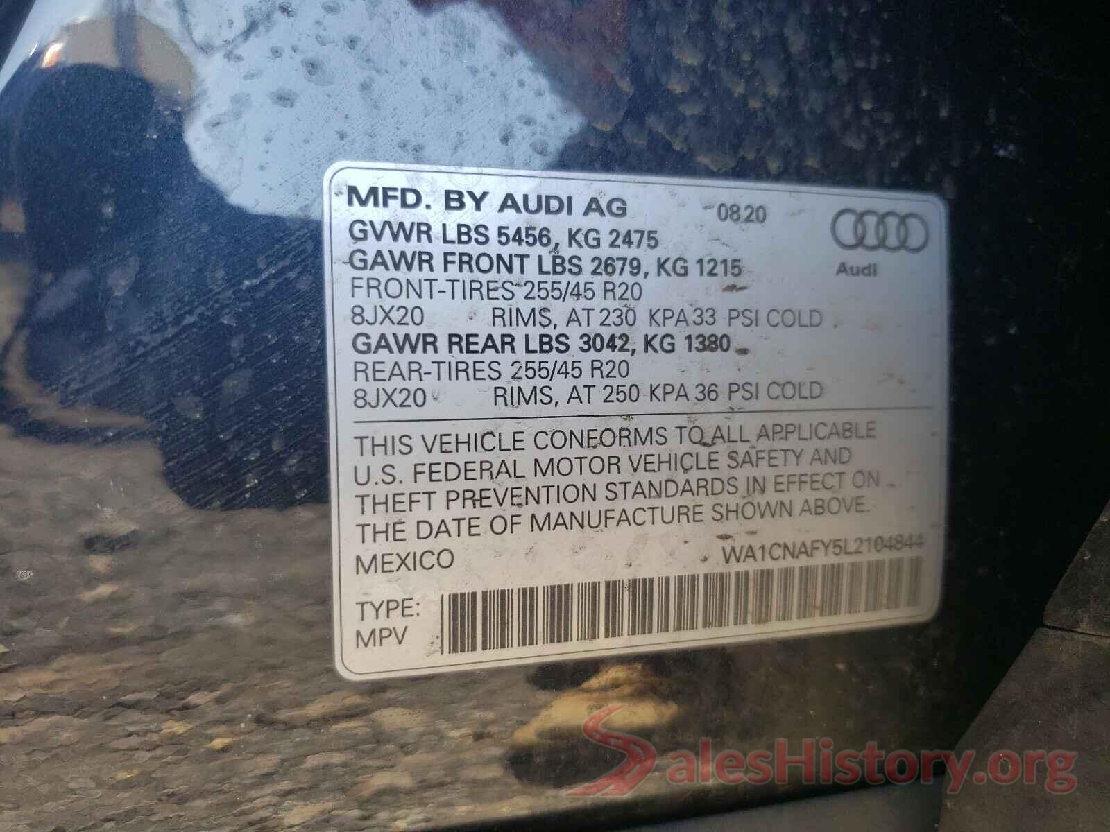 WA1CNAFY5L2104844 2020 AUDI Q5