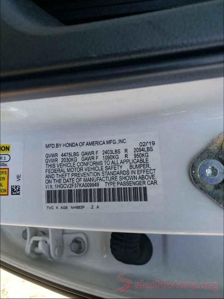 1HGCV2F37KA009949 2019 HONDA ACCORD