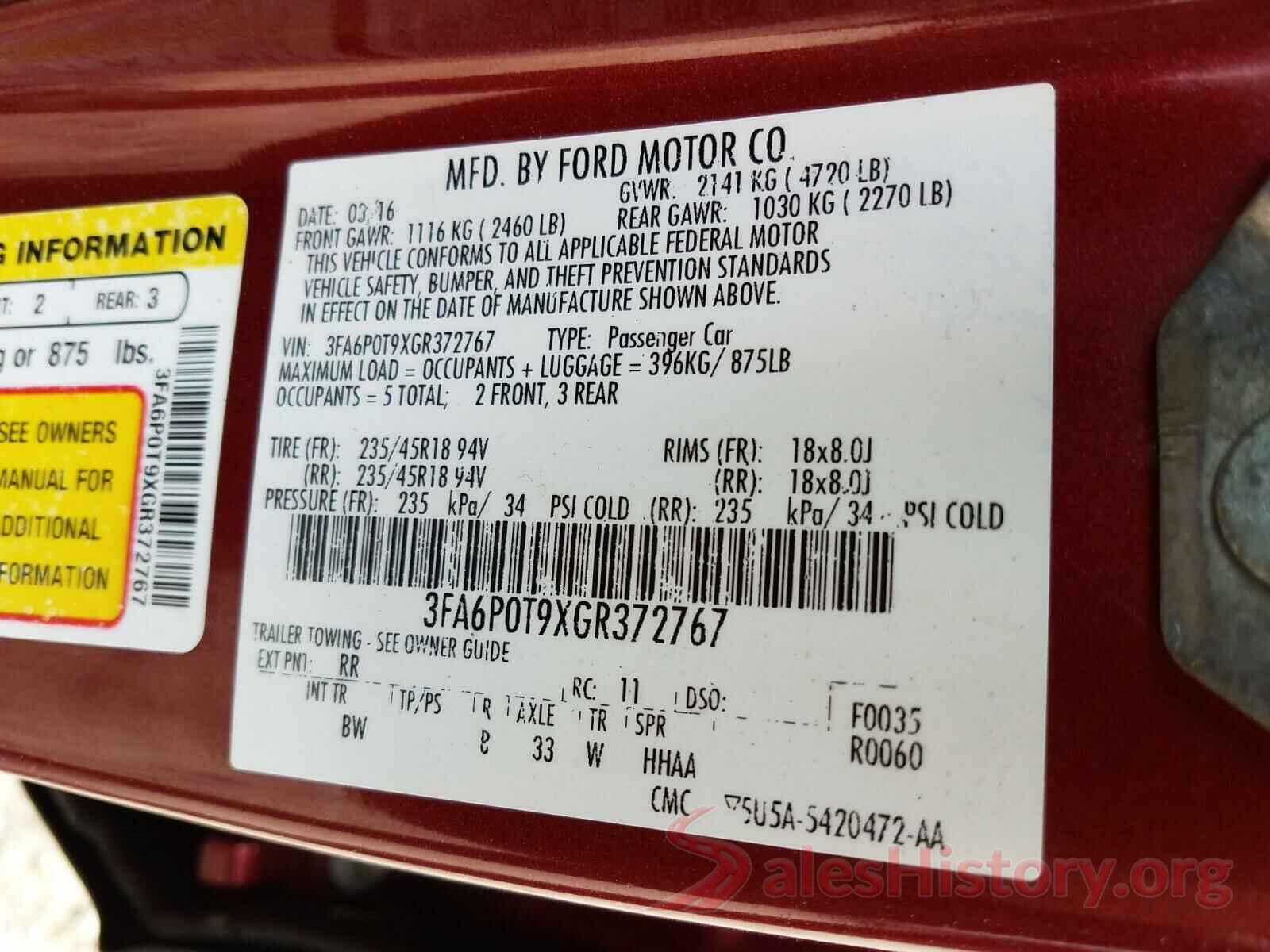 3FA6P0T9XGR372767 2016 FORD FUSION