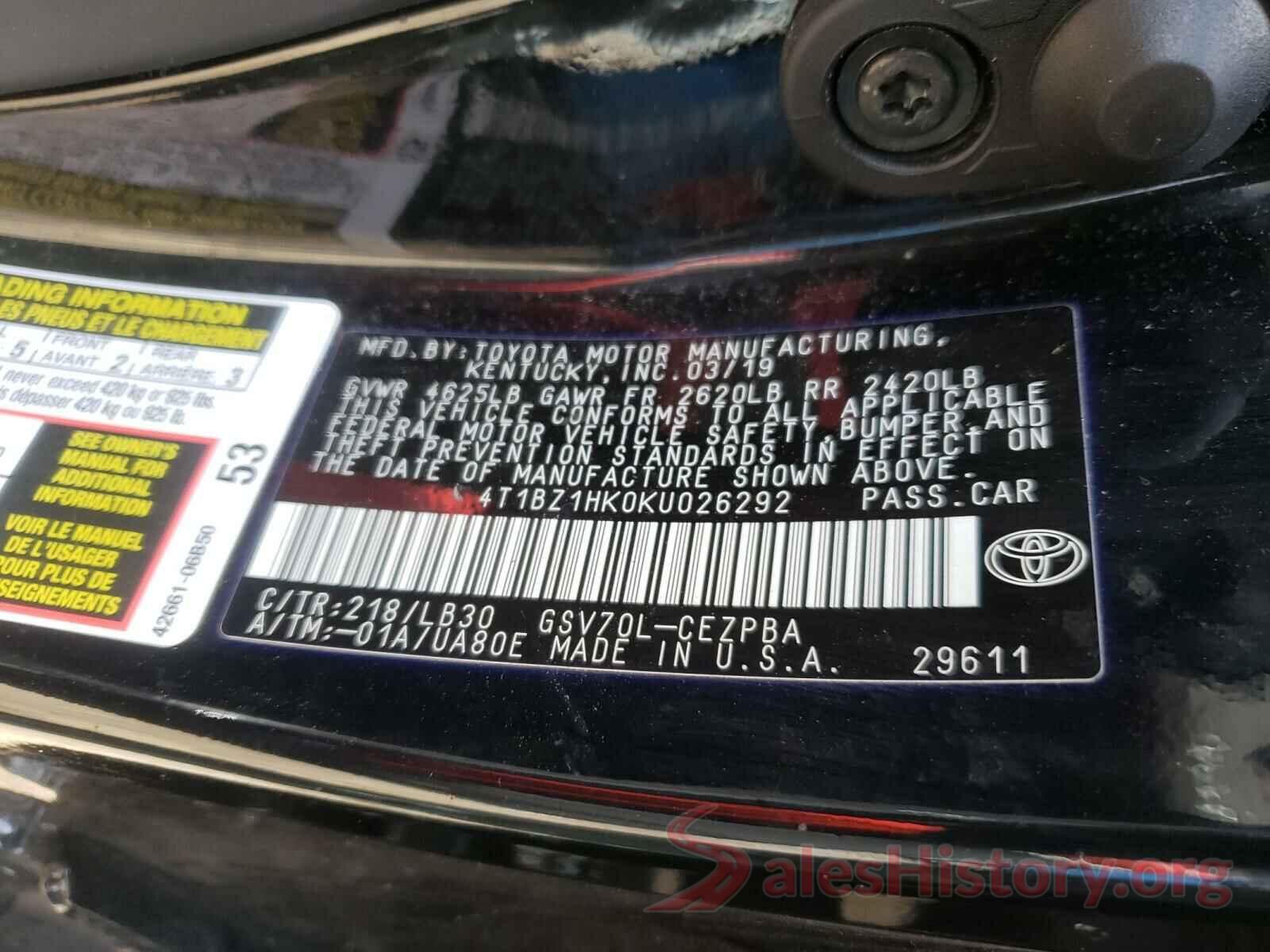 4T1BZ1HK0KU026292 2019 TOYOTA CAMRY