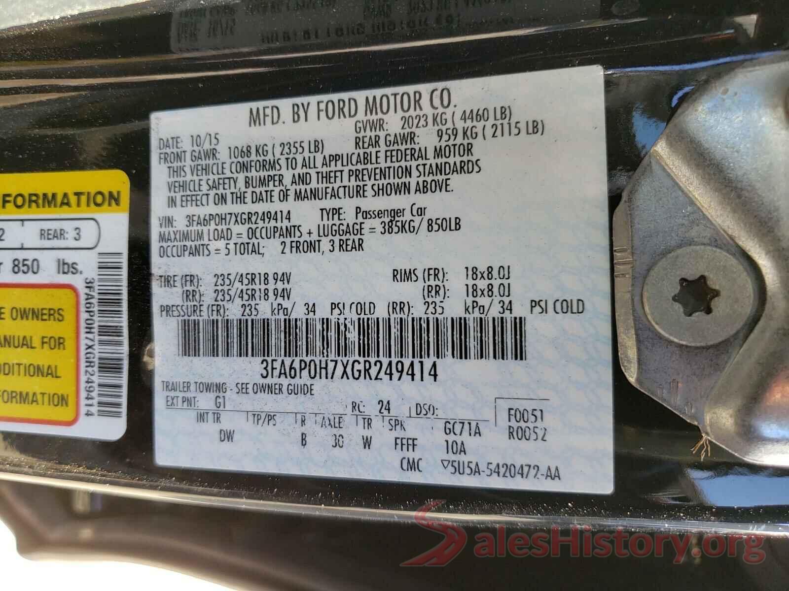 3FA6P0H7XGR249414 2016 FORD FUSION