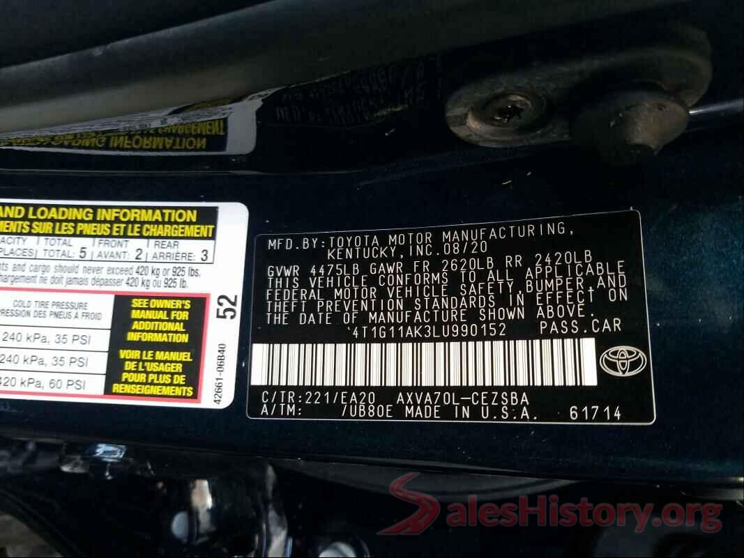 4T1G11AK3LU990152 2020 TOYOTA CAMRY