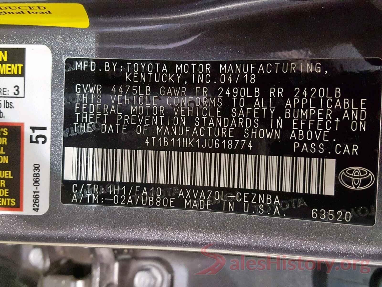 4T1B11HK1JU618774 2018 TOYOTA CAMRY