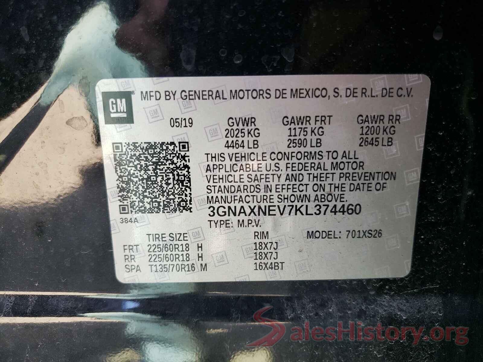 3GNAXNEV7KL374460 2019 CHEVROLET EQUINOX