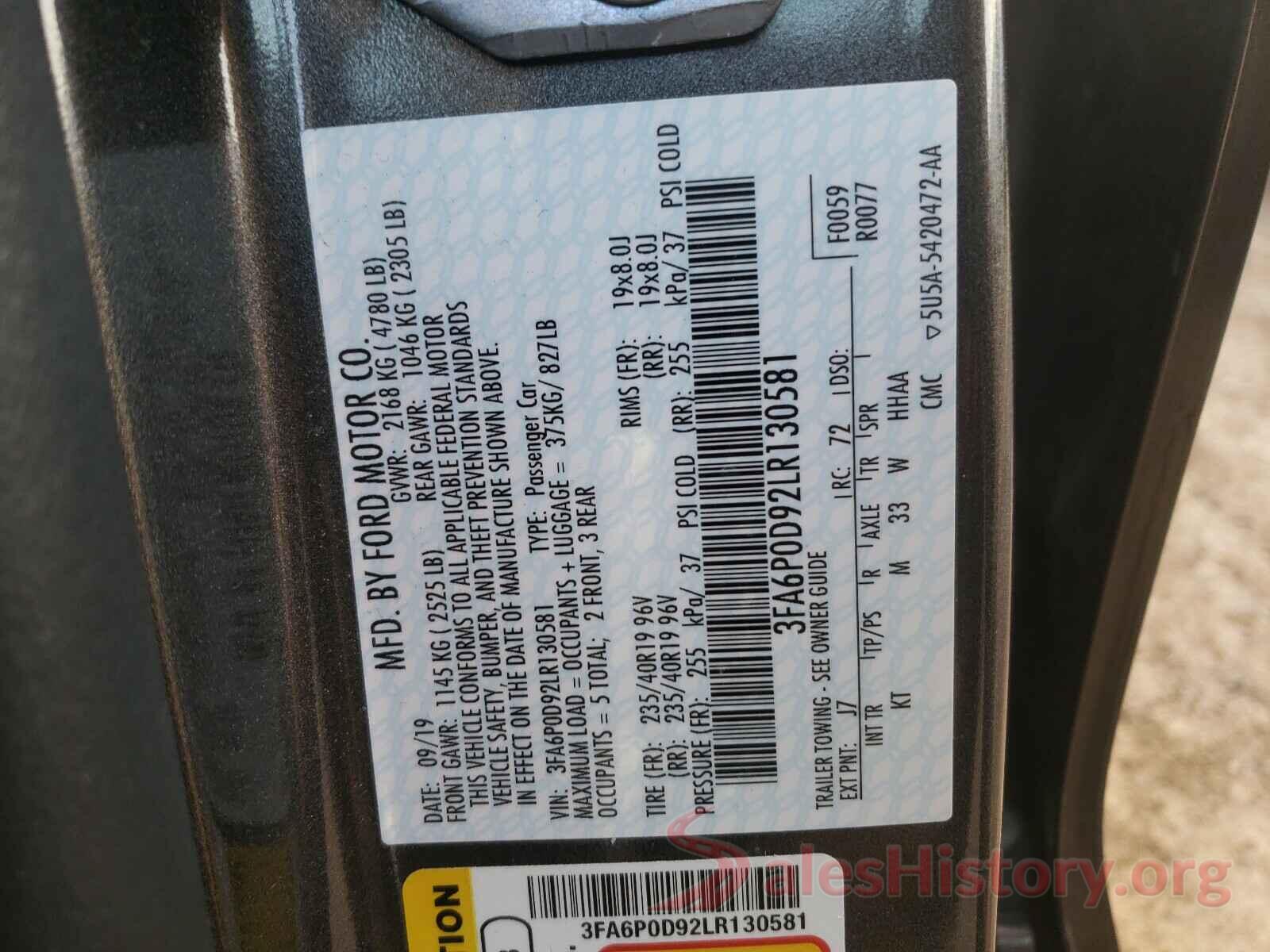 3FA6P0D92LR130581 2020 FORD FUSION