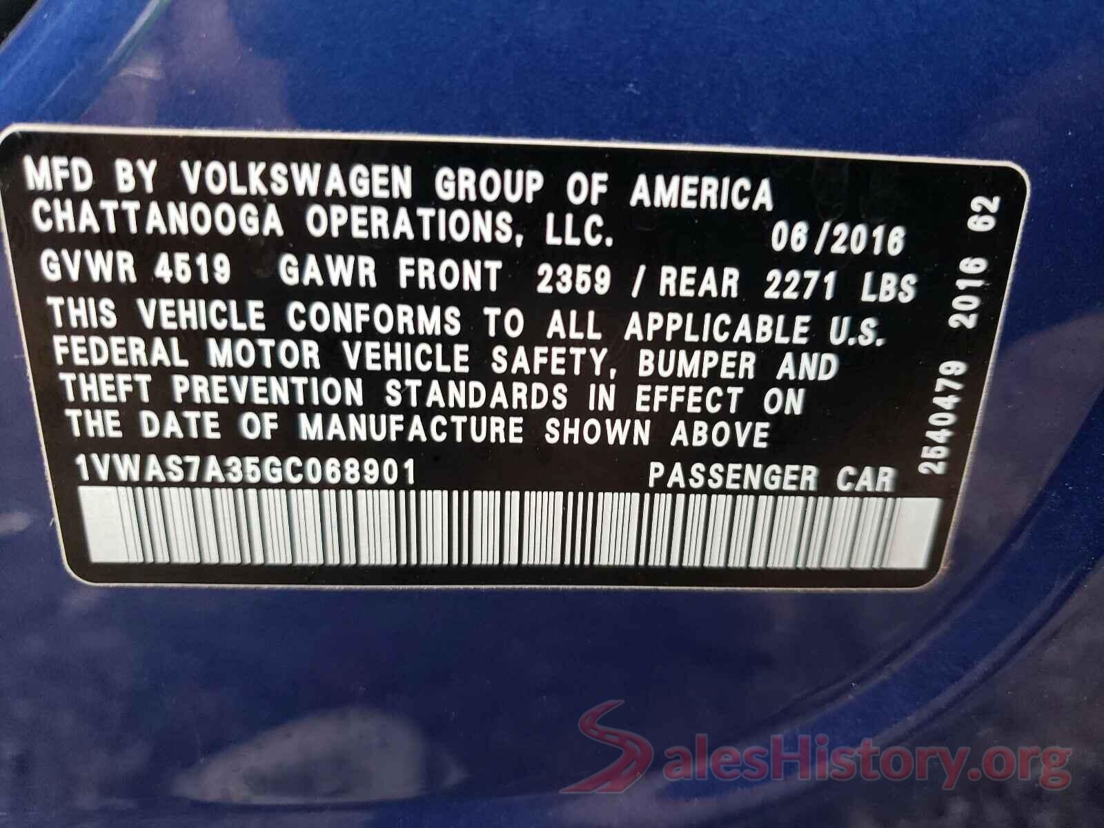 1VWAS7A35GC068901 2016 VOLKSWAGEN PASSAT