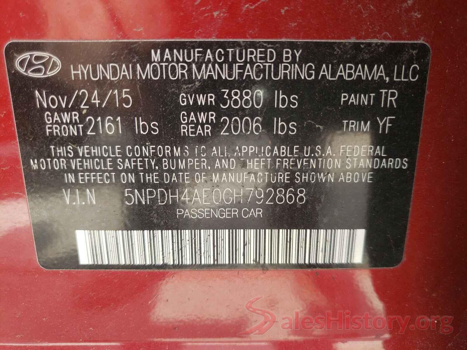 5NPDH4AE0GH792868 2016 HYUNDAI ELANTRA