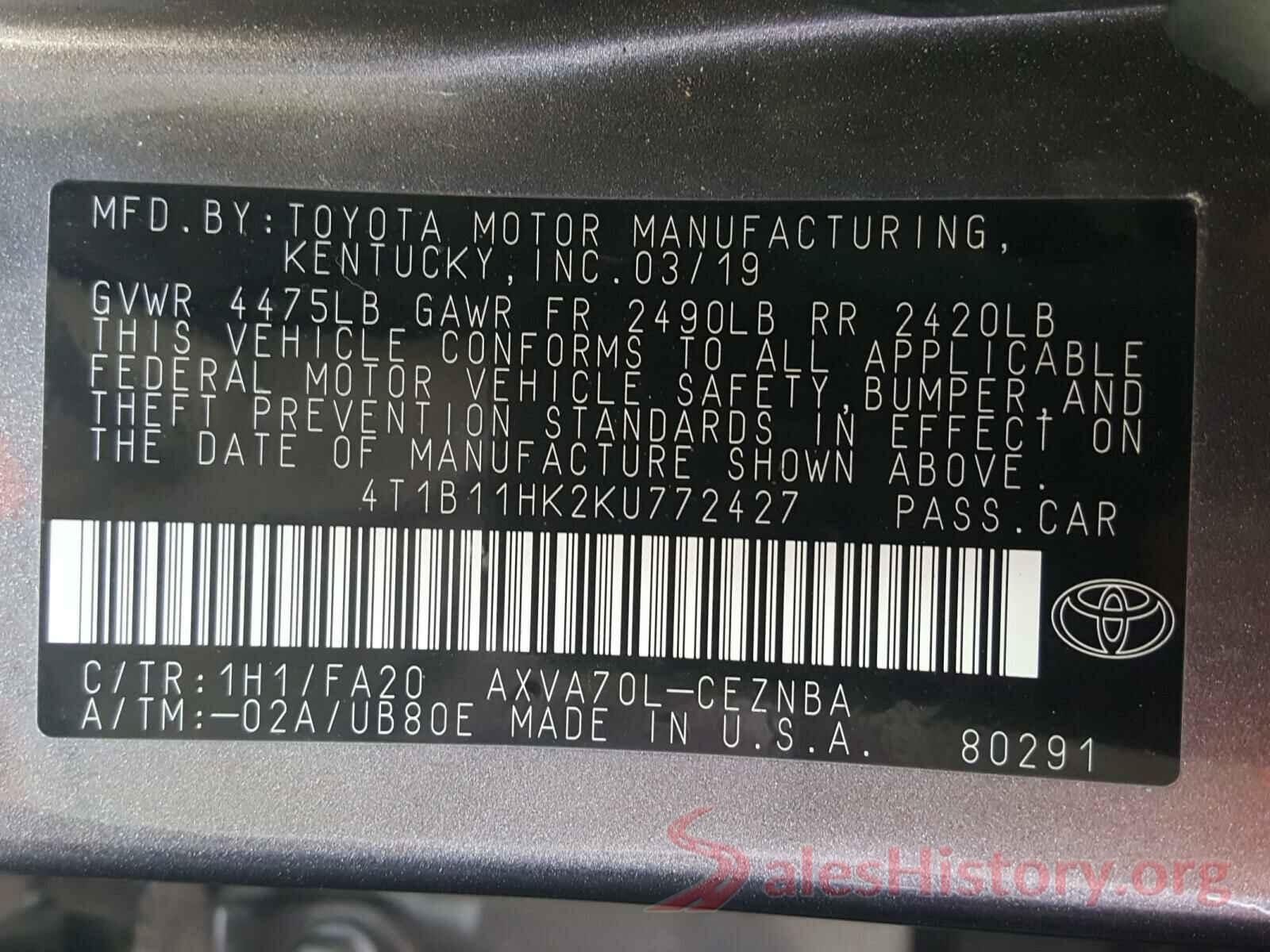 4T1B11HK2KU772427 2019 TOYOTA CAMRY