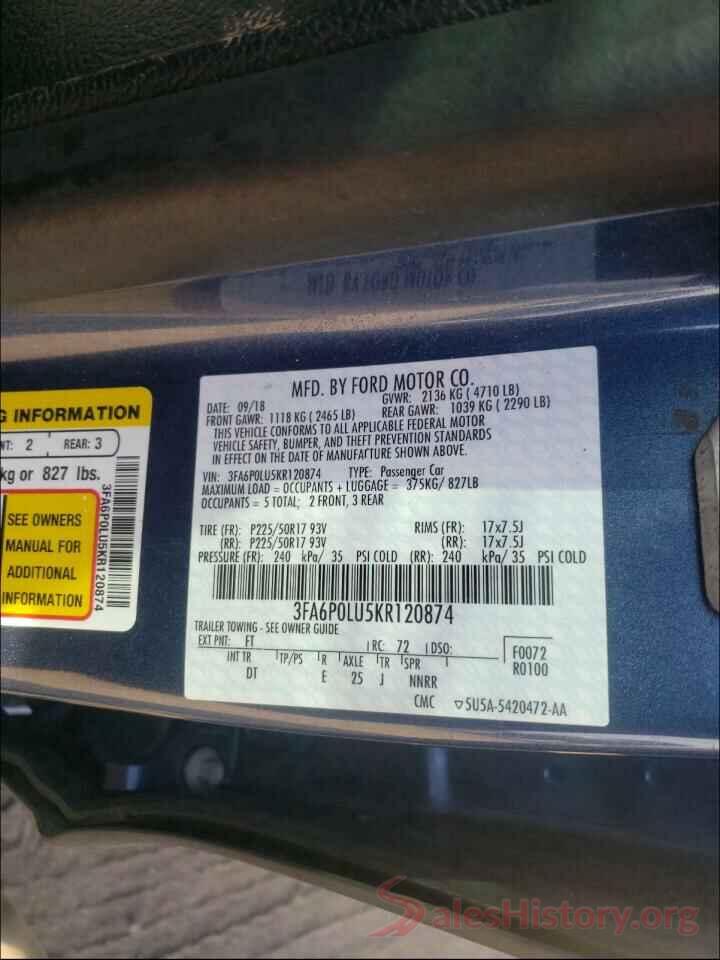 3FA6P0LU5KR120874 2019 FORD FUSION