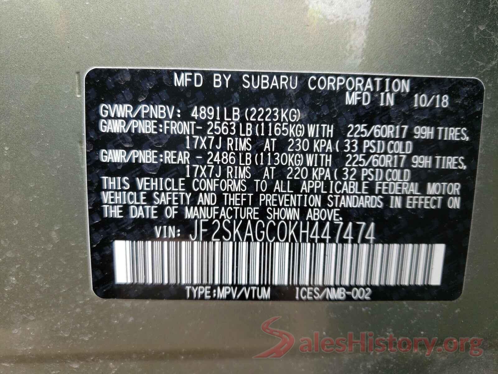 JF2SKAGC0KH447474 2019 SUBARU FORESTER