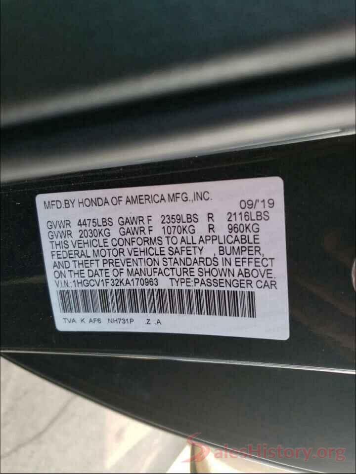 1HGCV1F32KA170963 2019 HONDA ACCORD