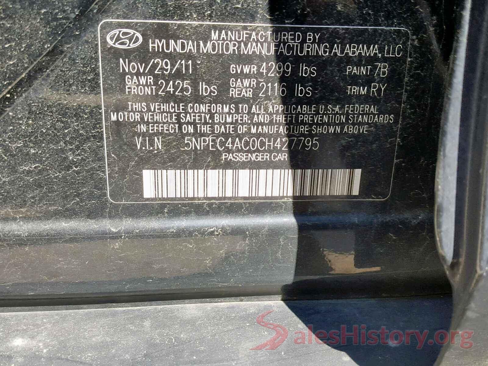 5NPEC4AC0CH427795 2012 HYUNDAI SONATA