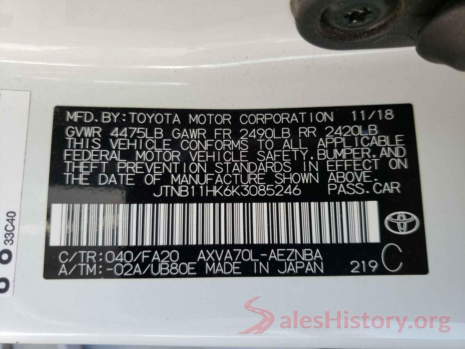 JTNB11HK6K3085246 2019 TOYOTA CAMRY