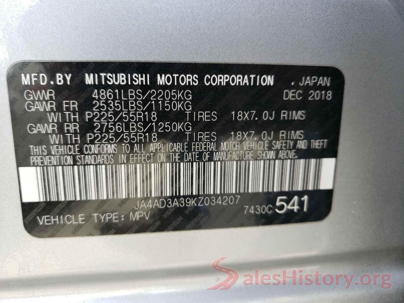 JA4AD3A39KZ034207 2019 MITSUBISHI OUTLANDER