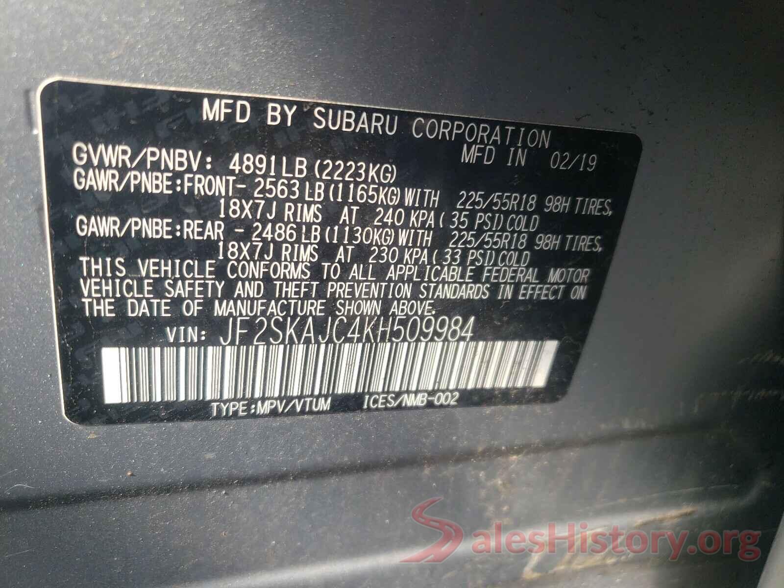 JF2SKAJC4KH509984 2019 SUBARU FORESTER