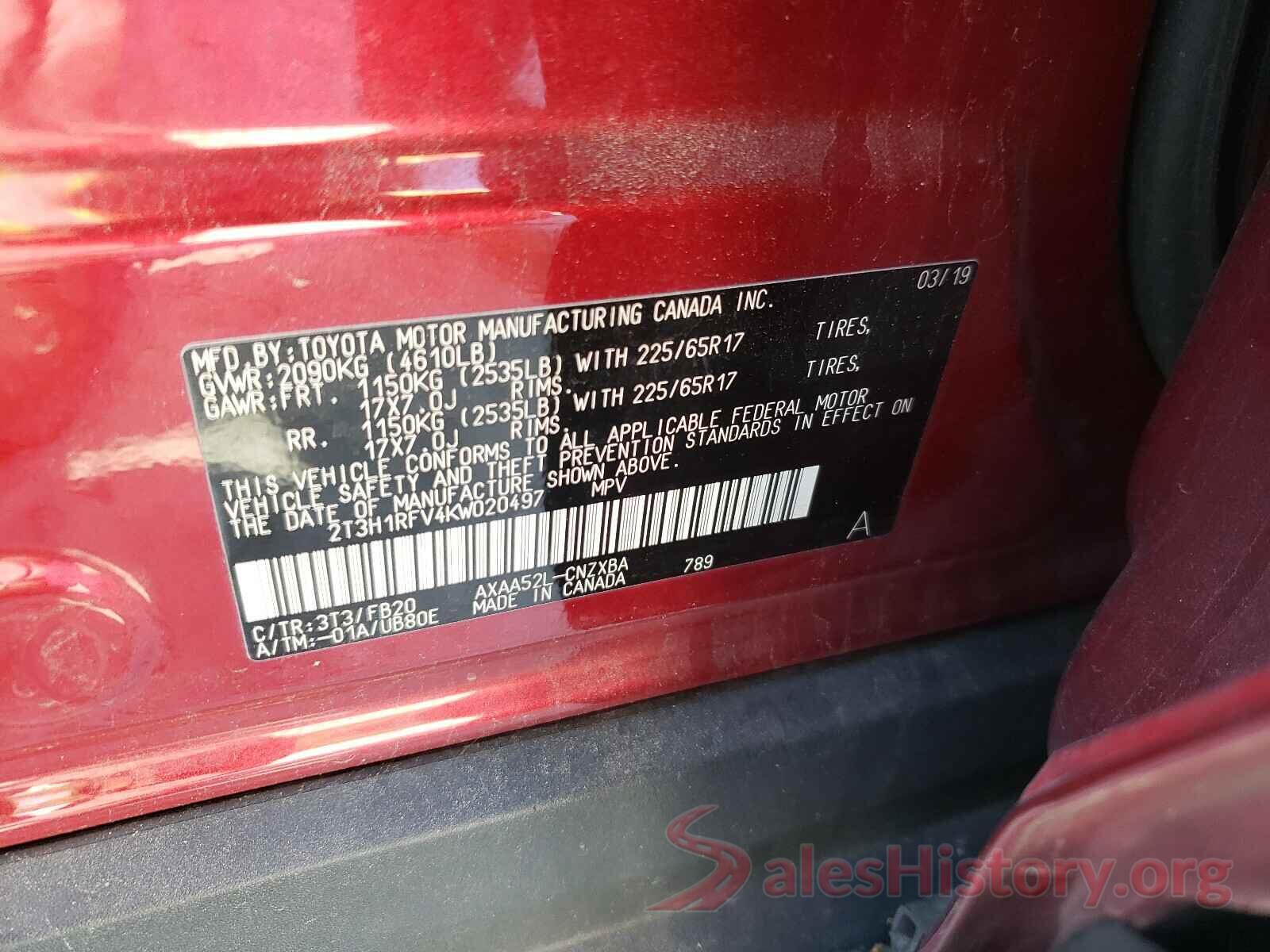 2T3H1RFV4KW020497 2019 TOYOTA RAV4