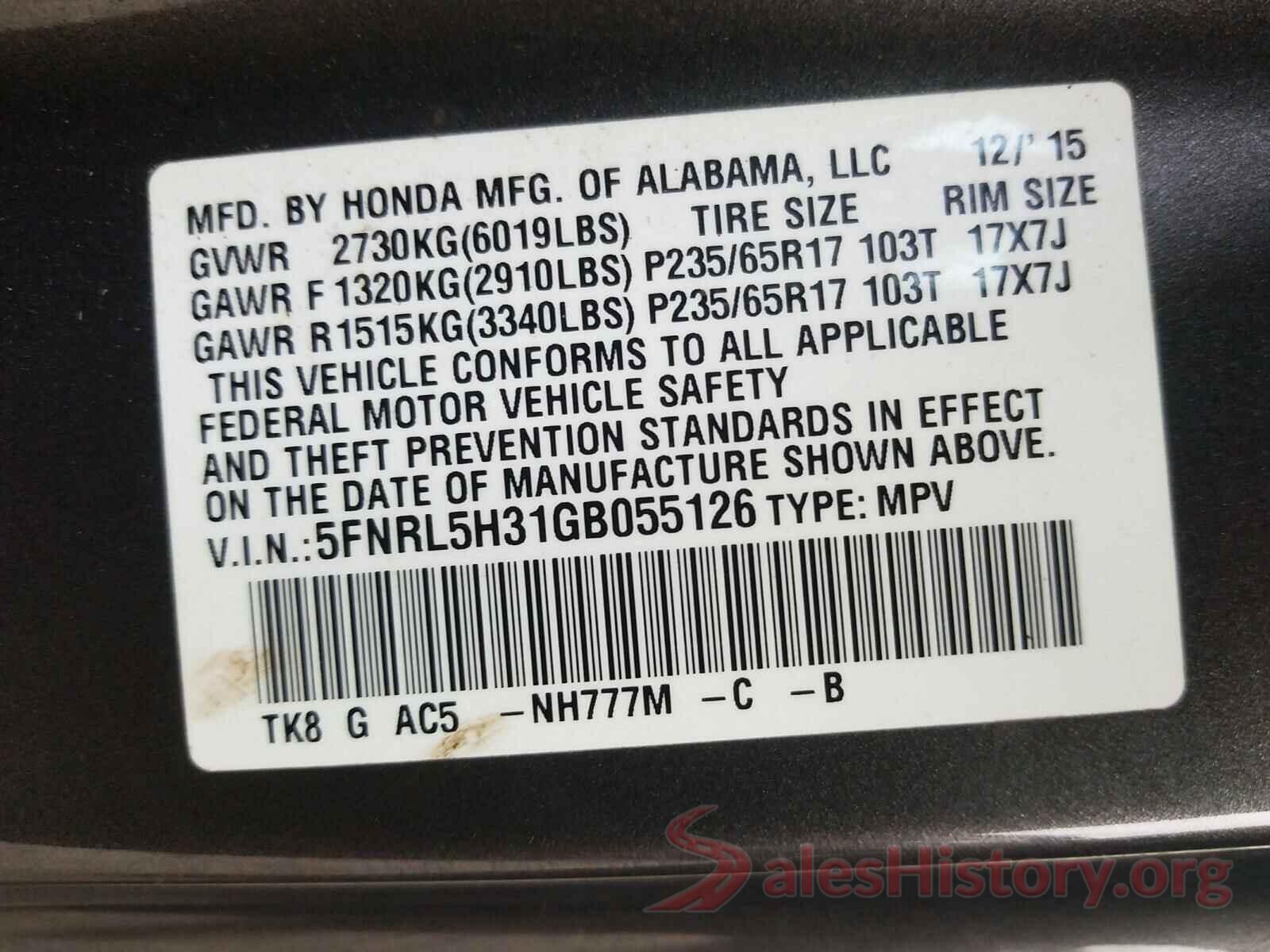 5FNRL5H31GB055126 2016 HONDA ODYSSEY