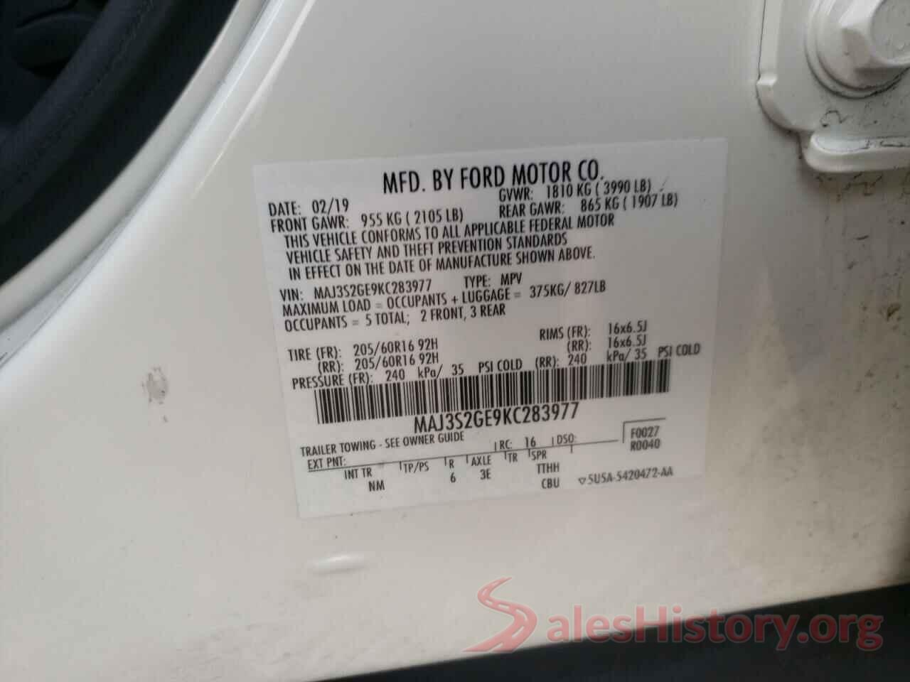 MAJ3S2GE9KC283977 2019 FORD ECOSPORT