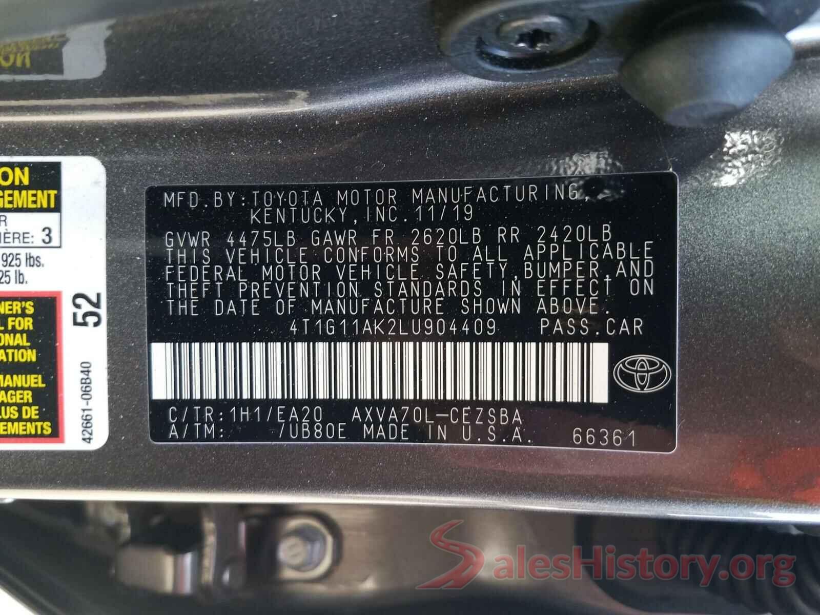 4T1G11AK2LU904409 2020 TOYOTA CAMRY