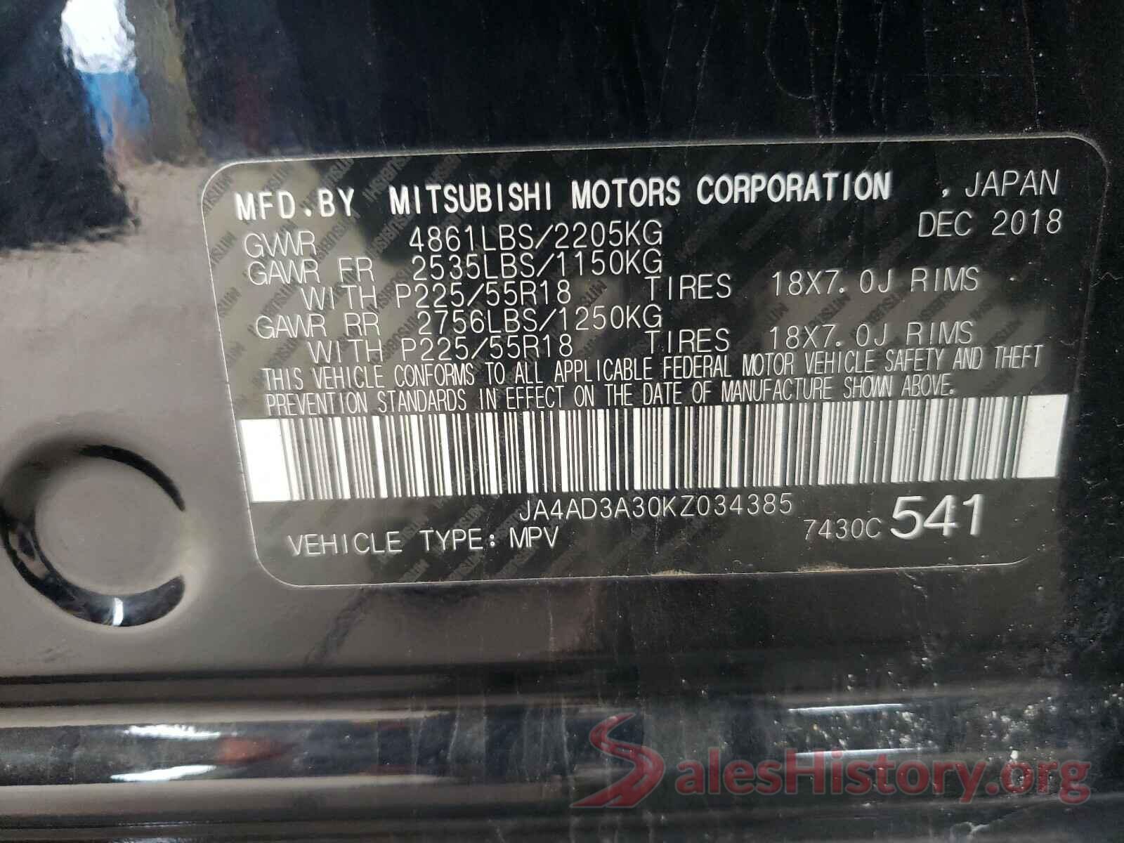 JA4AD3A30KZ034385 2019 MITSUBISHI OUTLANDER