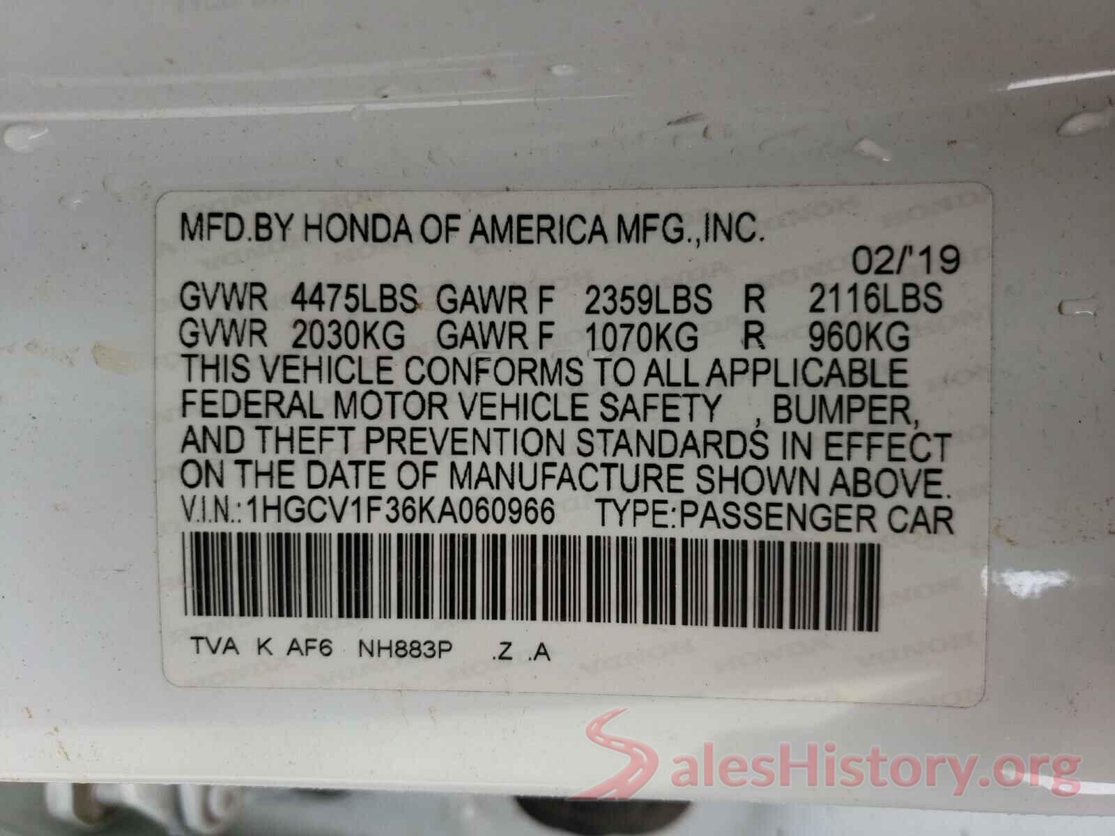 1HGCV1F36KA060966 2019 HONDA ACCORD