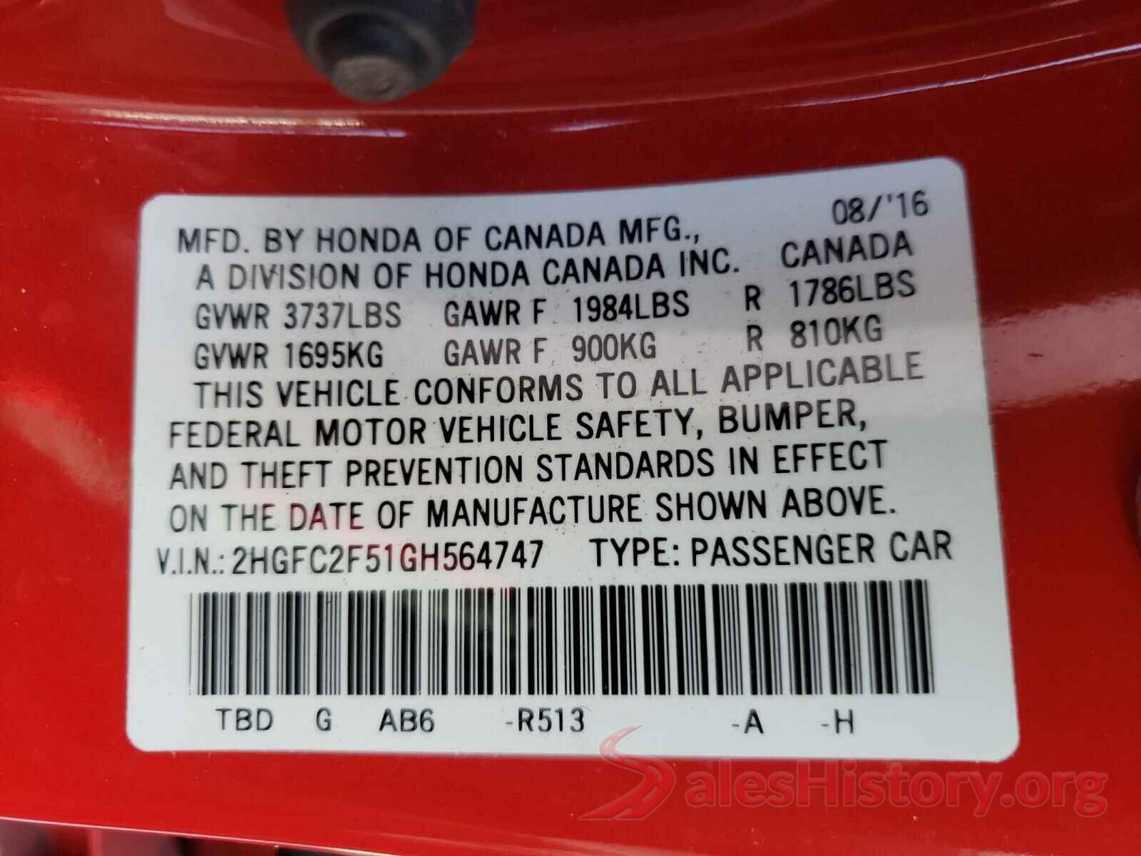 2HGFC2F51GH564747 2016 HONDA CIVIC