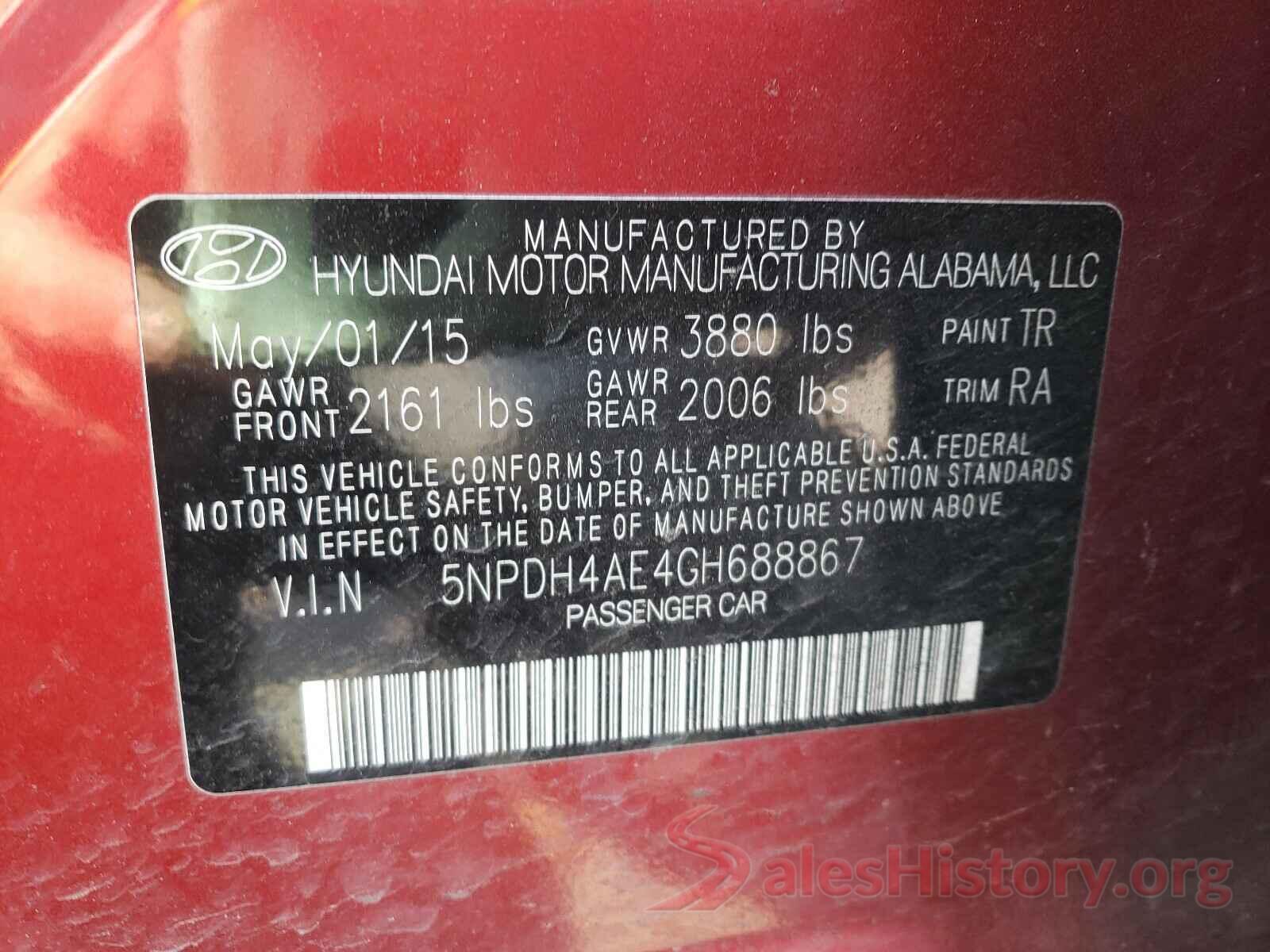 5NPDH4AE4GH688867 2016 HYUNDAI ELANTRA