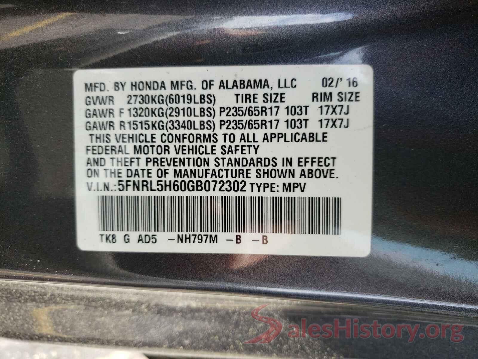 5FNRL5H60GB072302 2016 HONDA ODYSSEY