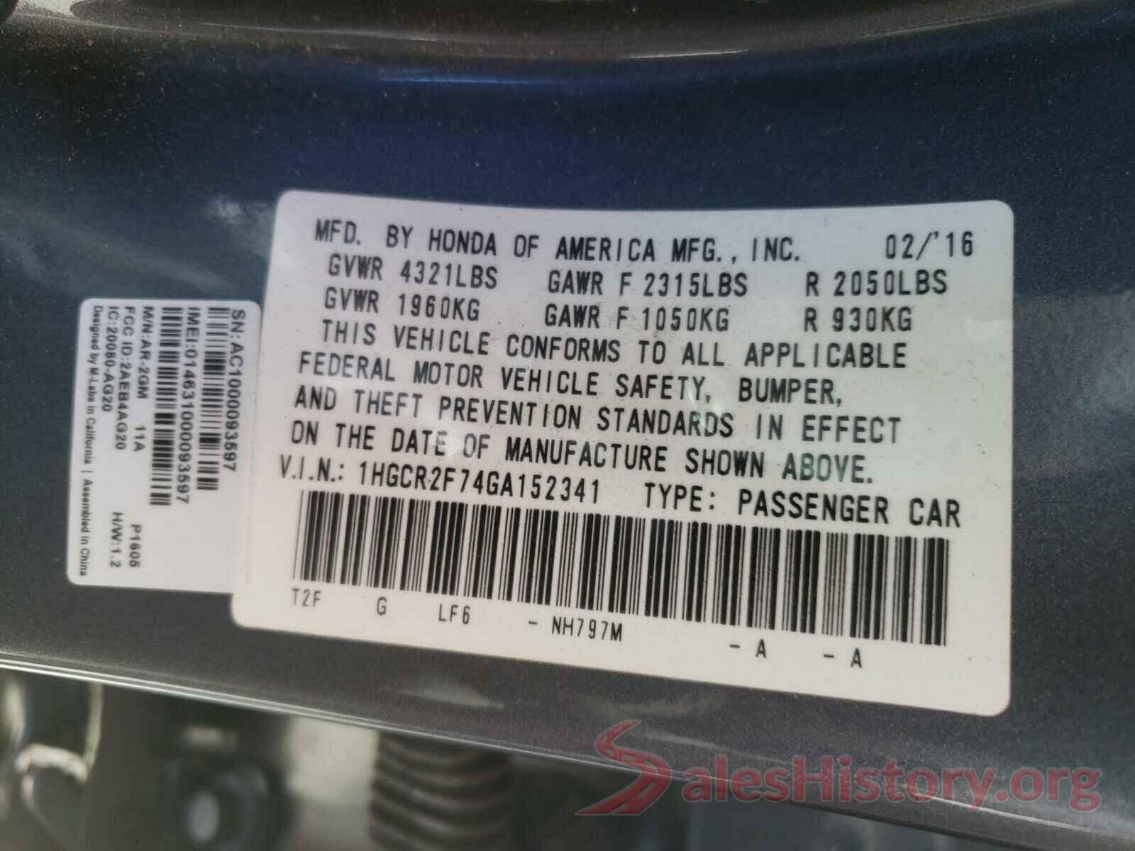 1HGCR2F74GA152341 2016 HONDA ACCORD