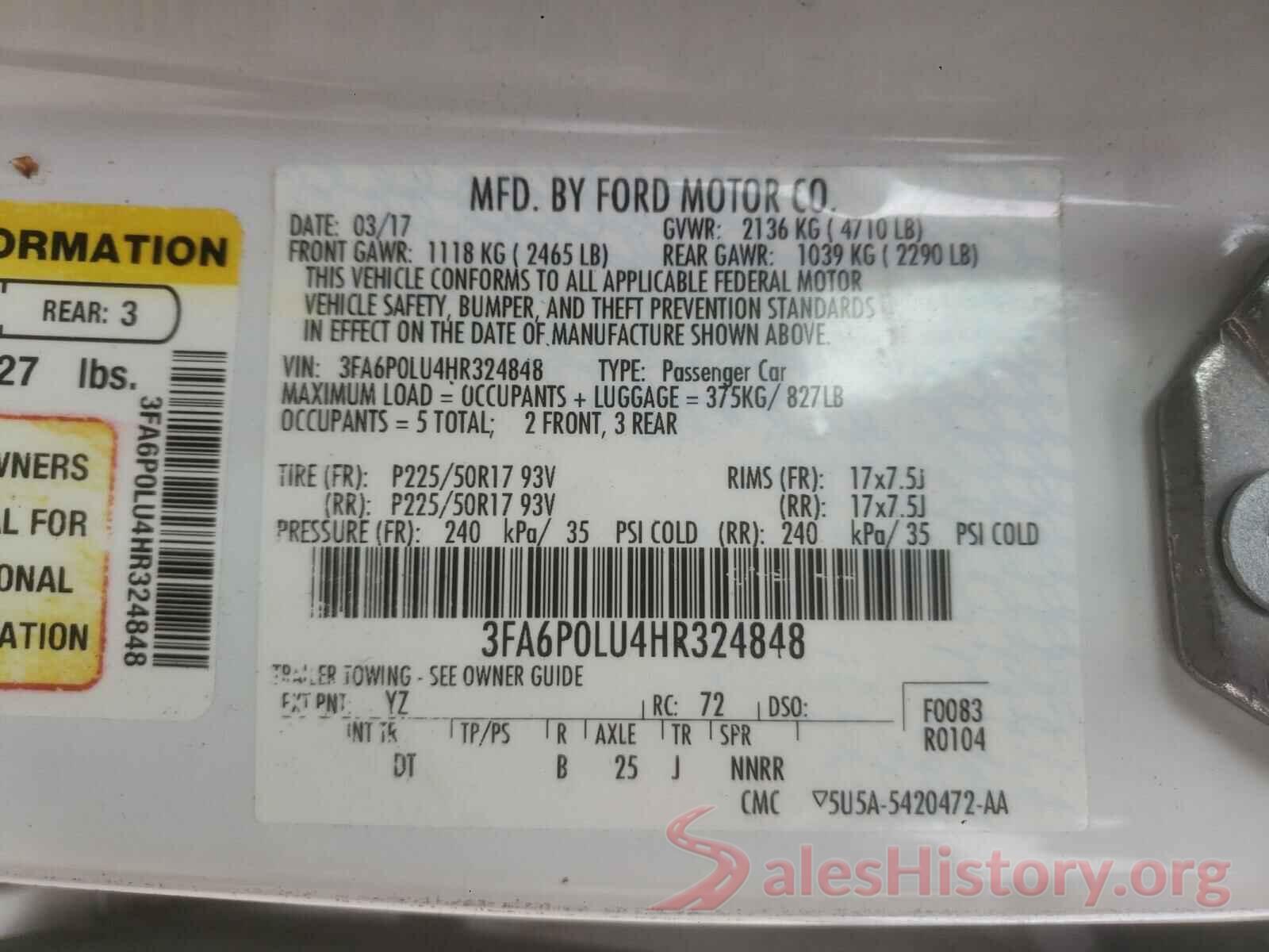 3FA6P0LU4HR324848 2017 FORD FUSION