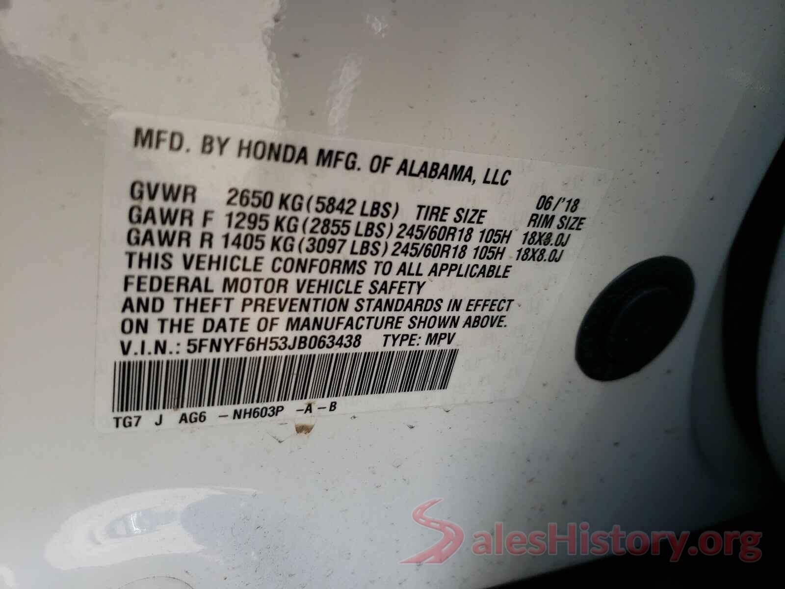 5FNYF6H53JB063438 2018 HONDA PILOT