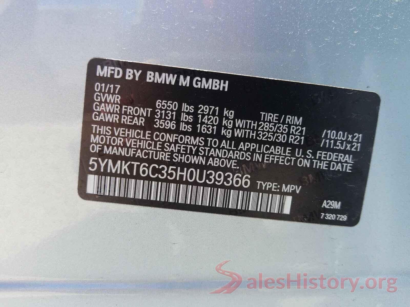 5YMKT6C35H0U39366 2017 BMW X5