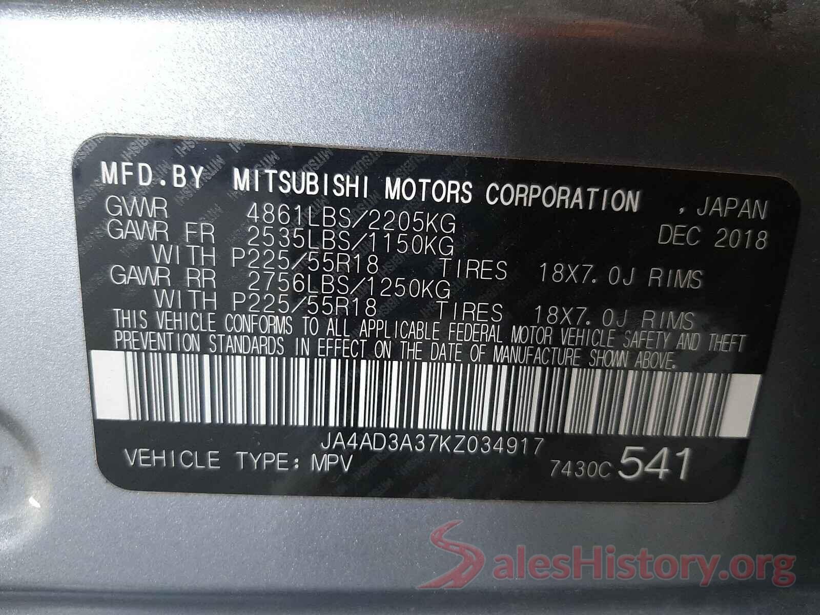 JA4AD3A37KZ034917 2019 MITSUBISHI OUTLANDER