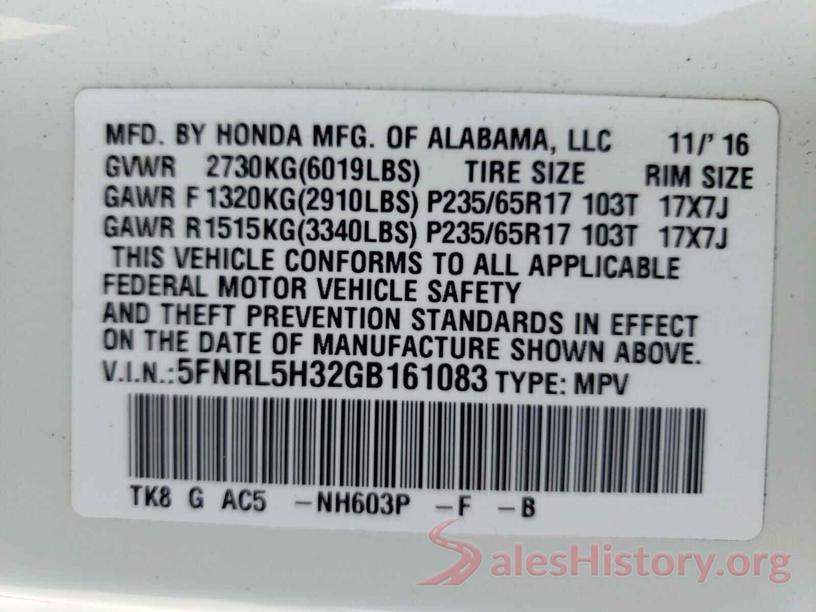 5FNRL5H32GB161083 2016 HONDA ODYSSEY