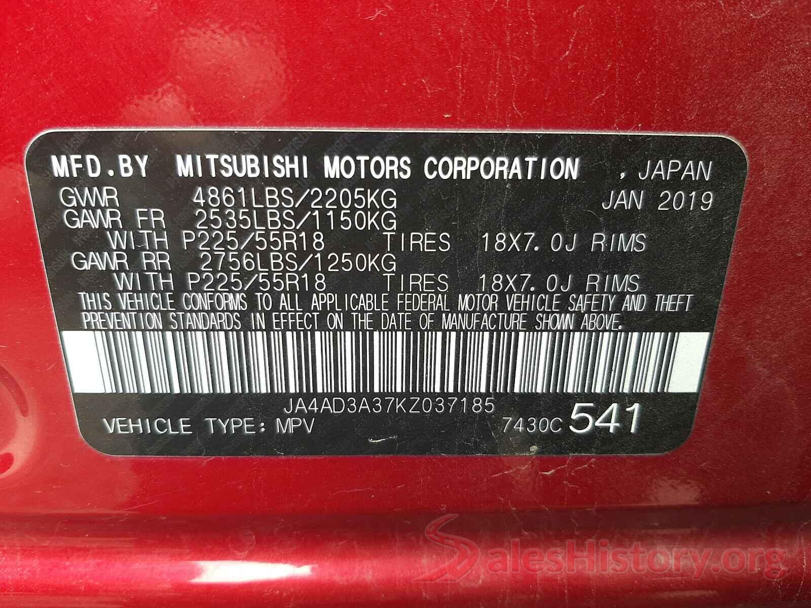 JA4AD3A37KZ037185 2019 MITSUBISHI OUTLANDER